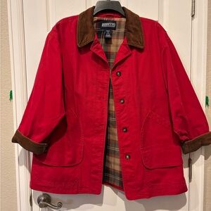 Women’s Lands’ End 1X Red Barn Jacket with Brown Corduroy Collar